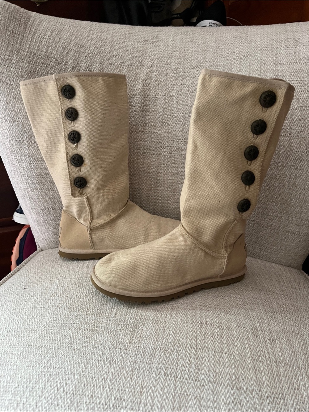 UGG cream button boots. Textile and Genuine Sheepskin. Sz 6